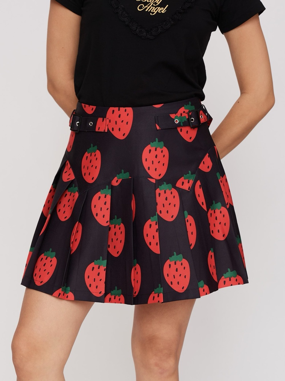 Lazy Oaf Black Mini Skirt with Red Strawberry Print